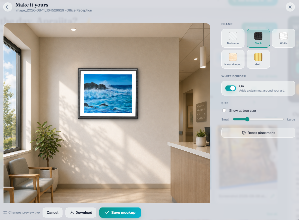 The Brushly mockup editor: a framed painting placed on an office reception wall, with frame, white border and size controls beside it.